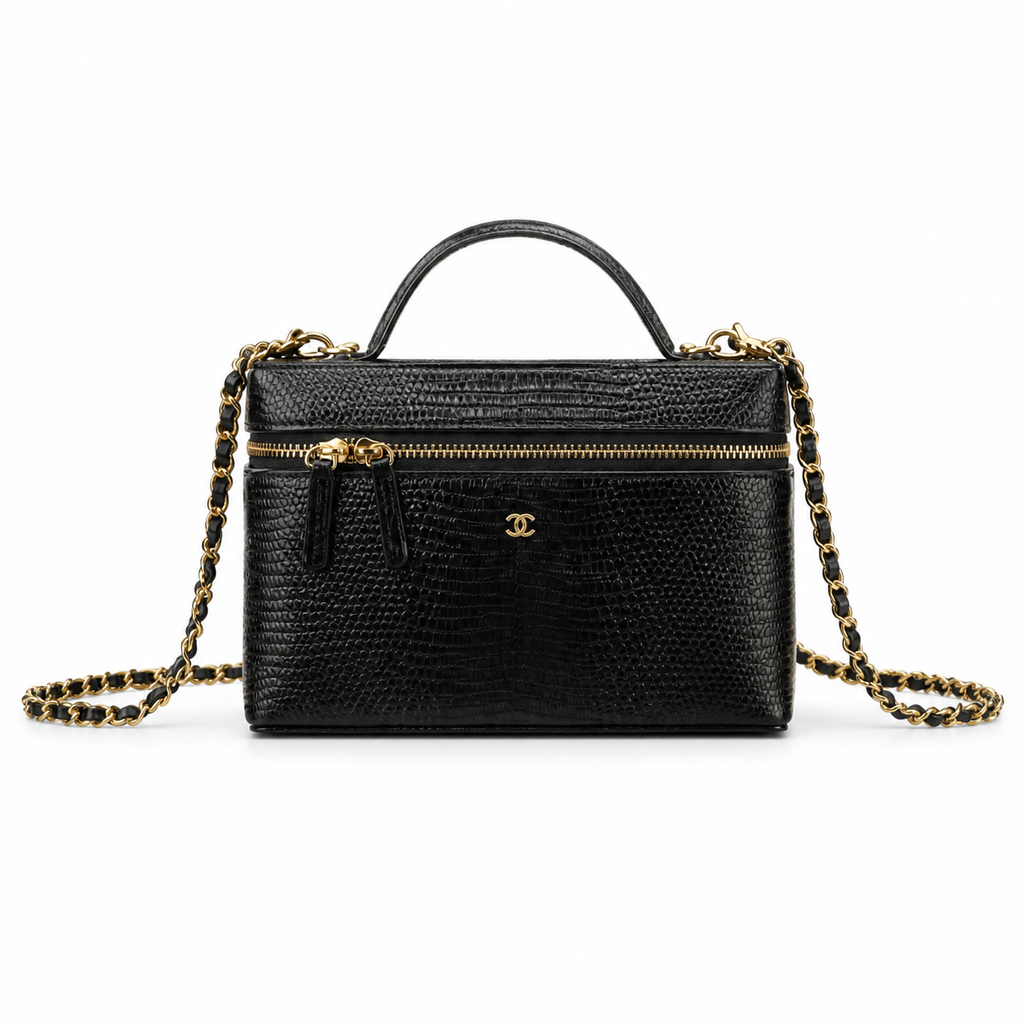 Chanel Vanity Case Black Lizard-Embossed Gold Hardware 18cm