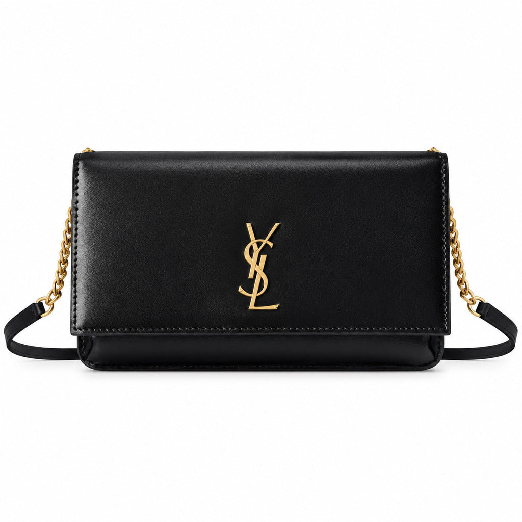 YSL Saint Laurent Kate Small Chain Bag Black Smooth Leather Gold YSL Monogram Gold Chain Strap