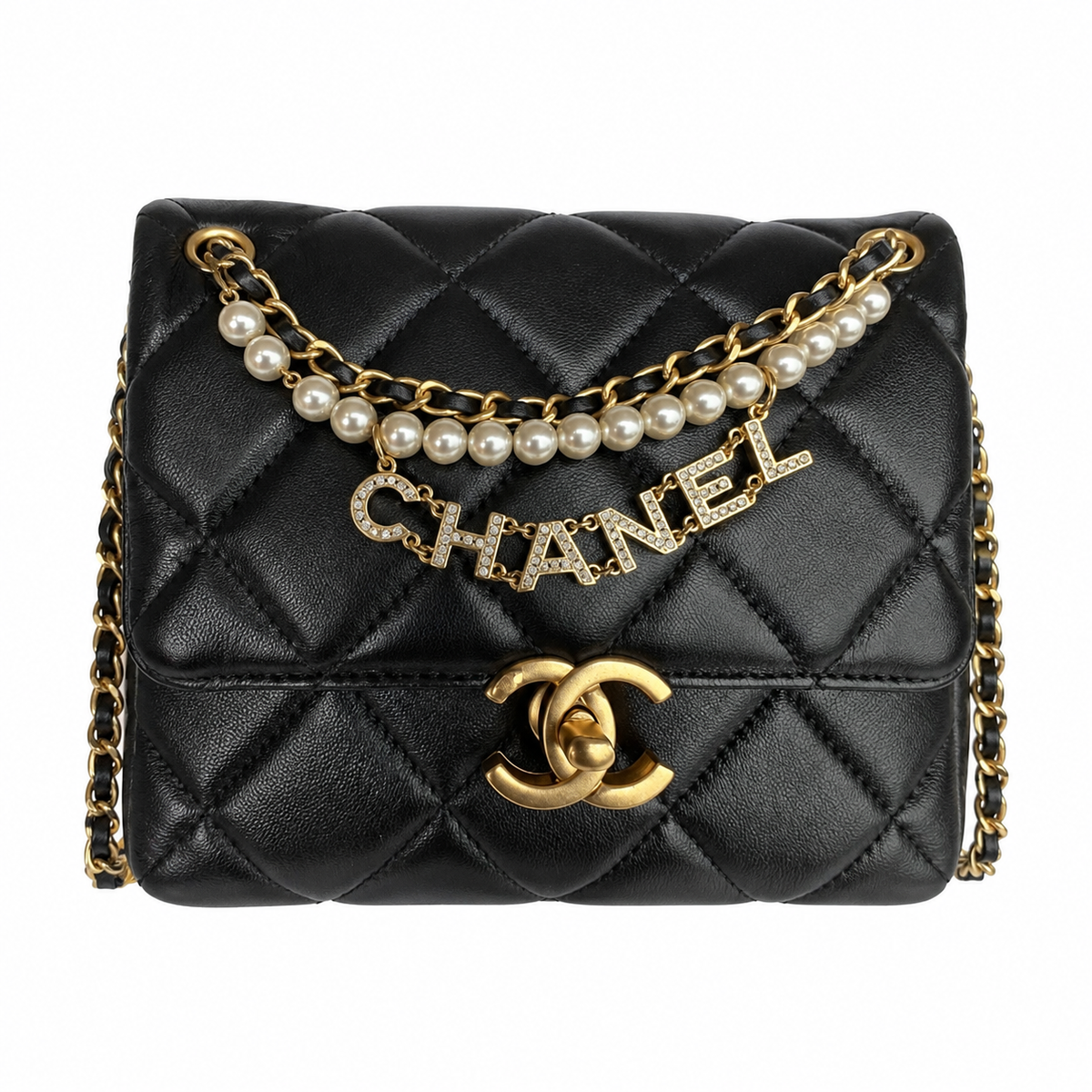 Chanel Quilted Flap Bag | Pearl Chain Crystal Letter Charm Gold CC Black — 23x15cm