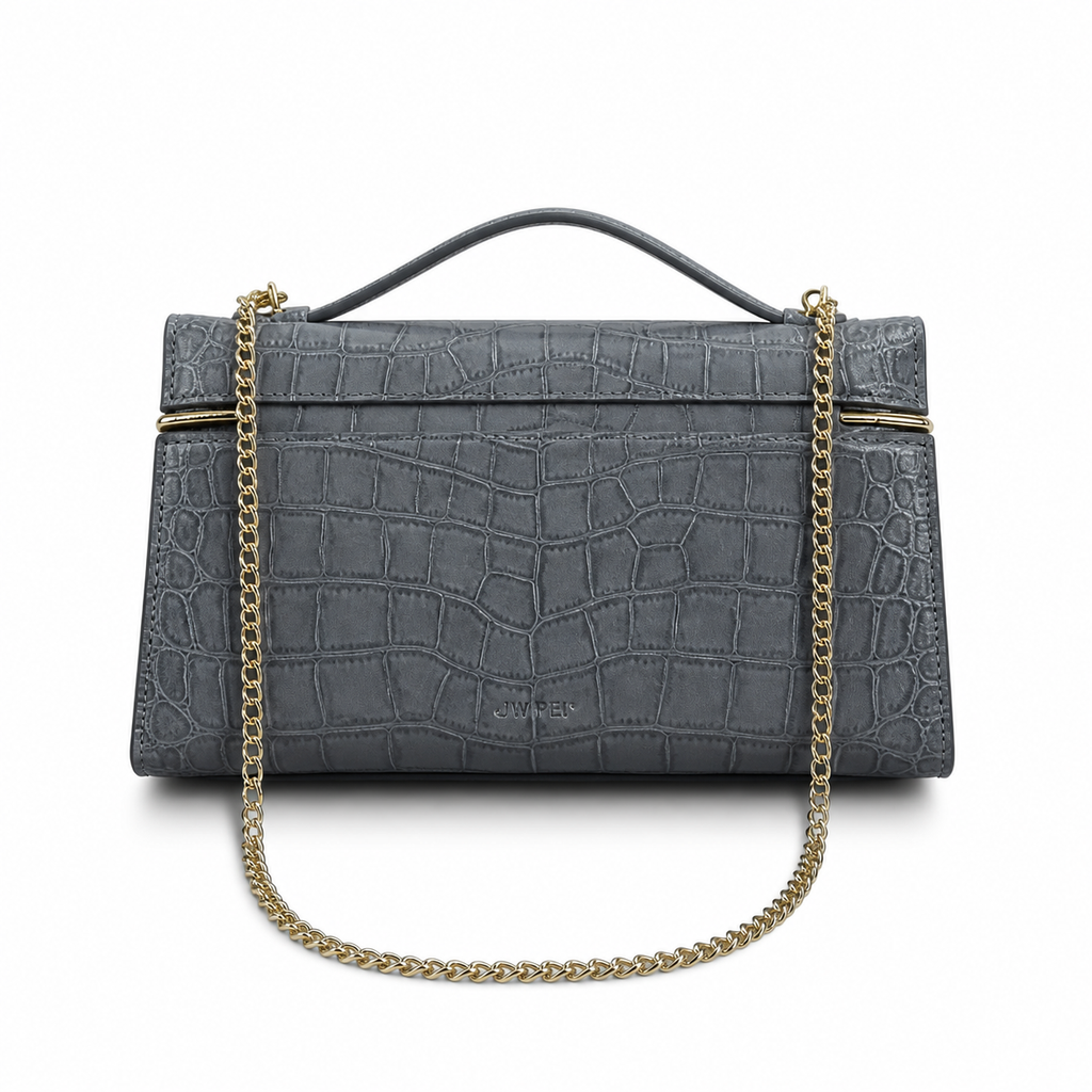 Chanel Croc-Embossed Zip Top Handle Chain Bag in Grey