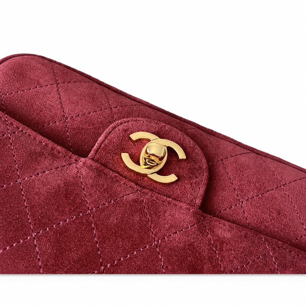 Chanel Classic Single Flap Bag Deep Burgundy Quilted Suede | Matte Gold CC Turn-Lock — 20cm