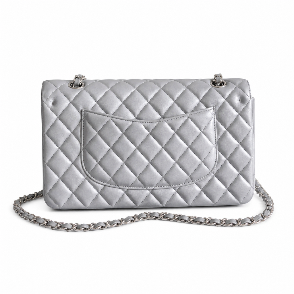 Chanel CC Quilted Double Flap Bag | Grey Lambskin & Silver — 25cm