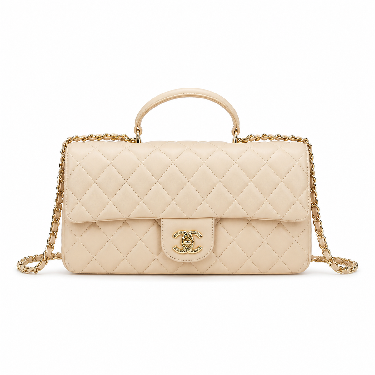 Chanel Cream Ivory Large Diamond-Quilted Lambskin Flap Bag | Top Handle & Pure Gold Chain