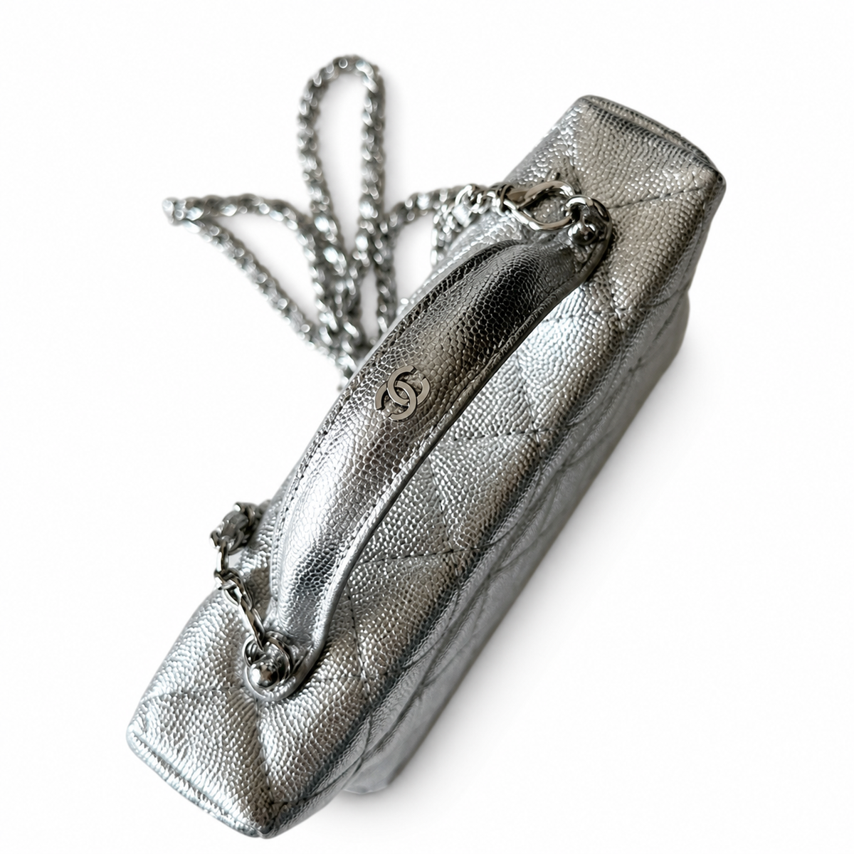 Chanel Silver Metallic Quilted Caviar Vanity Box Bag | Top Handle & Silver Chain