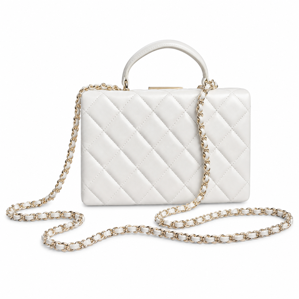 Chanel Mini Quilted Flap Bag White Lambskin | Black Enamel CHANEL Bar Clasp — 18cm