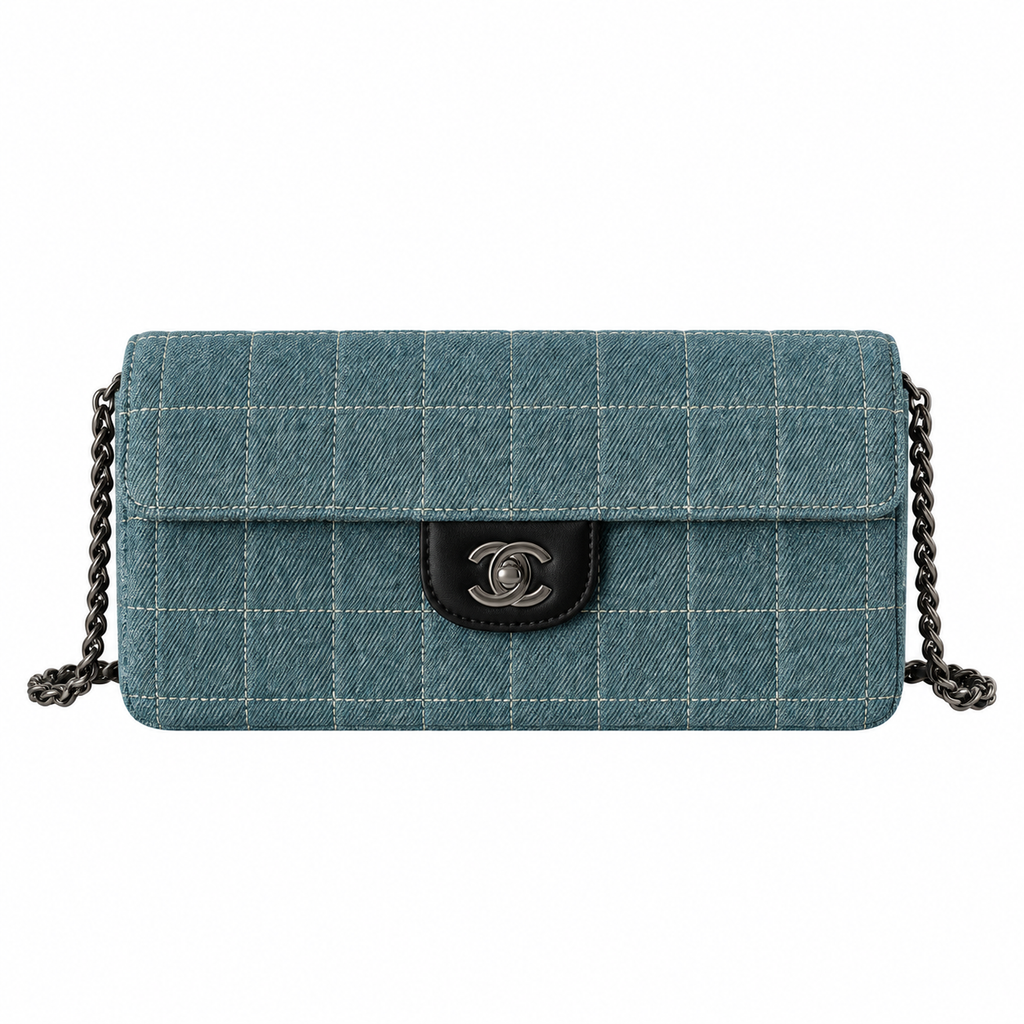 Chanel Denim Square Quilted East West Flap Bag Blue Ruthenium 26cm
