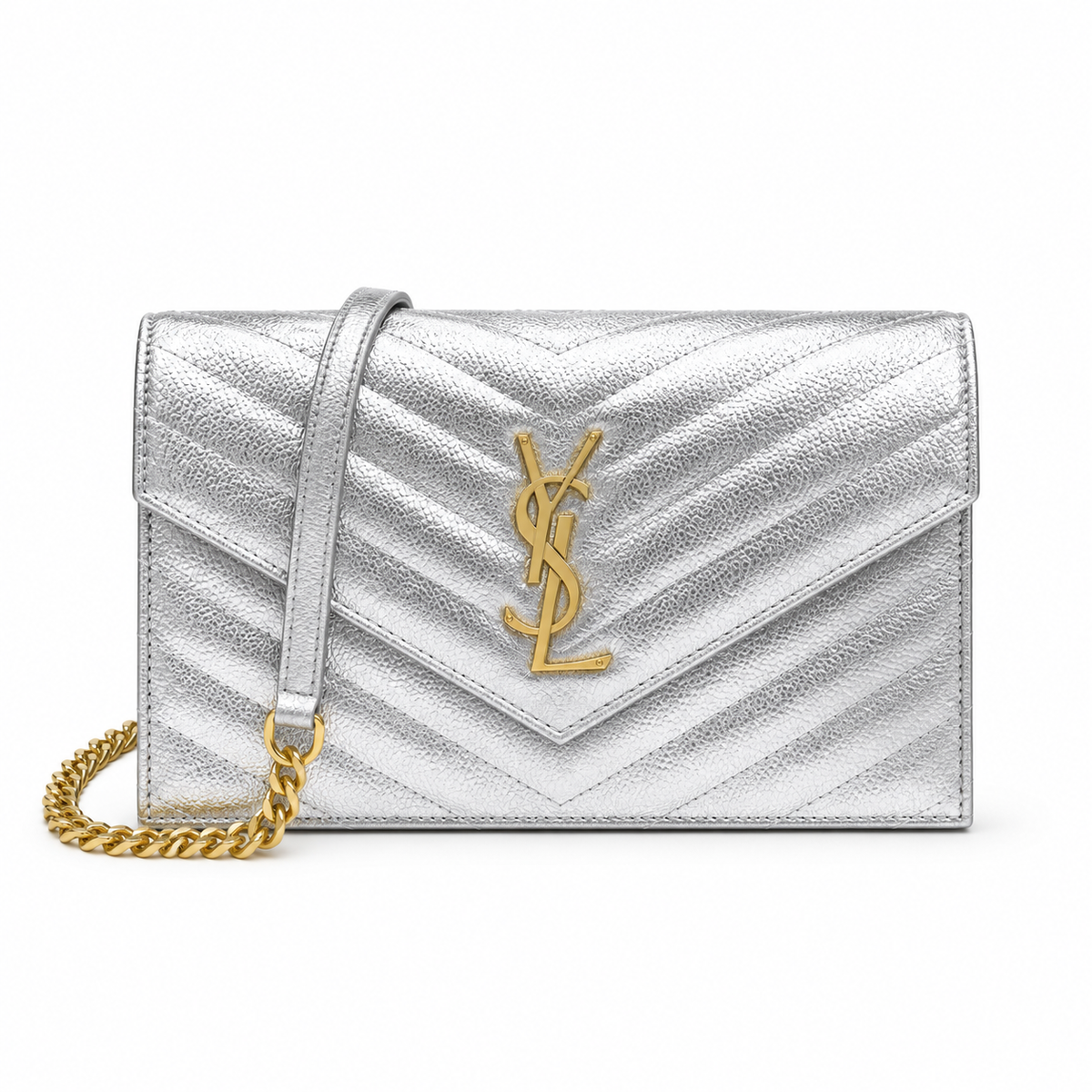 YSL Saint Laurent Envelope Chain Wallet Silver Matelasse Chevron Leather Gold YSL Monogram Gold Chain Strap