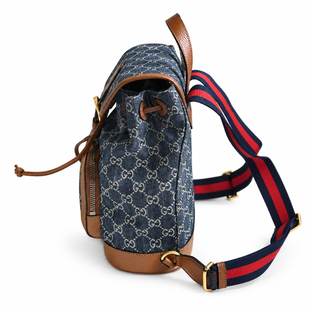 Gucci GG Denim Canvas Small Backpack with Brown Leather Trim