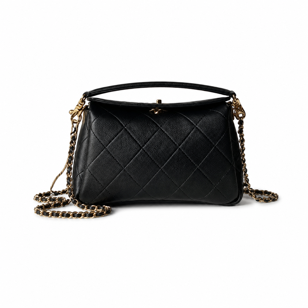 Chanel Black Quilted Lambskin Camellia Clasp Top Handle Bag