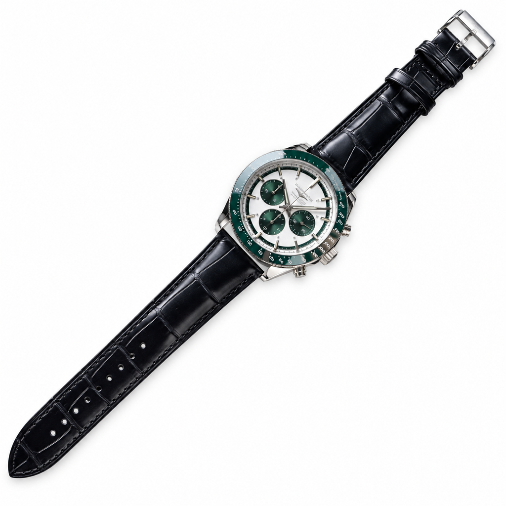 Longines Conquest Chronograph – Green Bezel Black Leather Strap