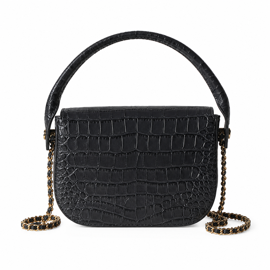 Chanel Charcoal Grey Croc Mini Flap Top Handle Bag | Antique Gold CC — 19.6cm