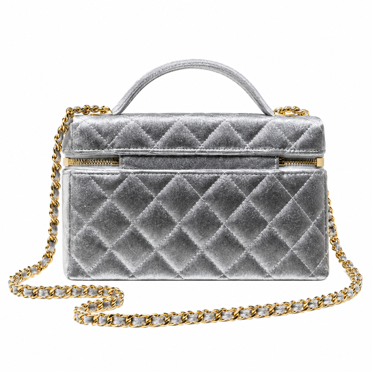 Chanel Quilted Silver Metallic Vanity Case Bag Pearl Chain 19.5cm