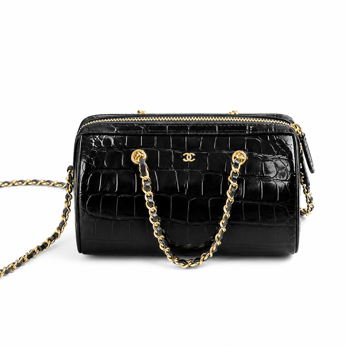 Chanel Deauville Croc-Embossed Black Zip Chain Bag