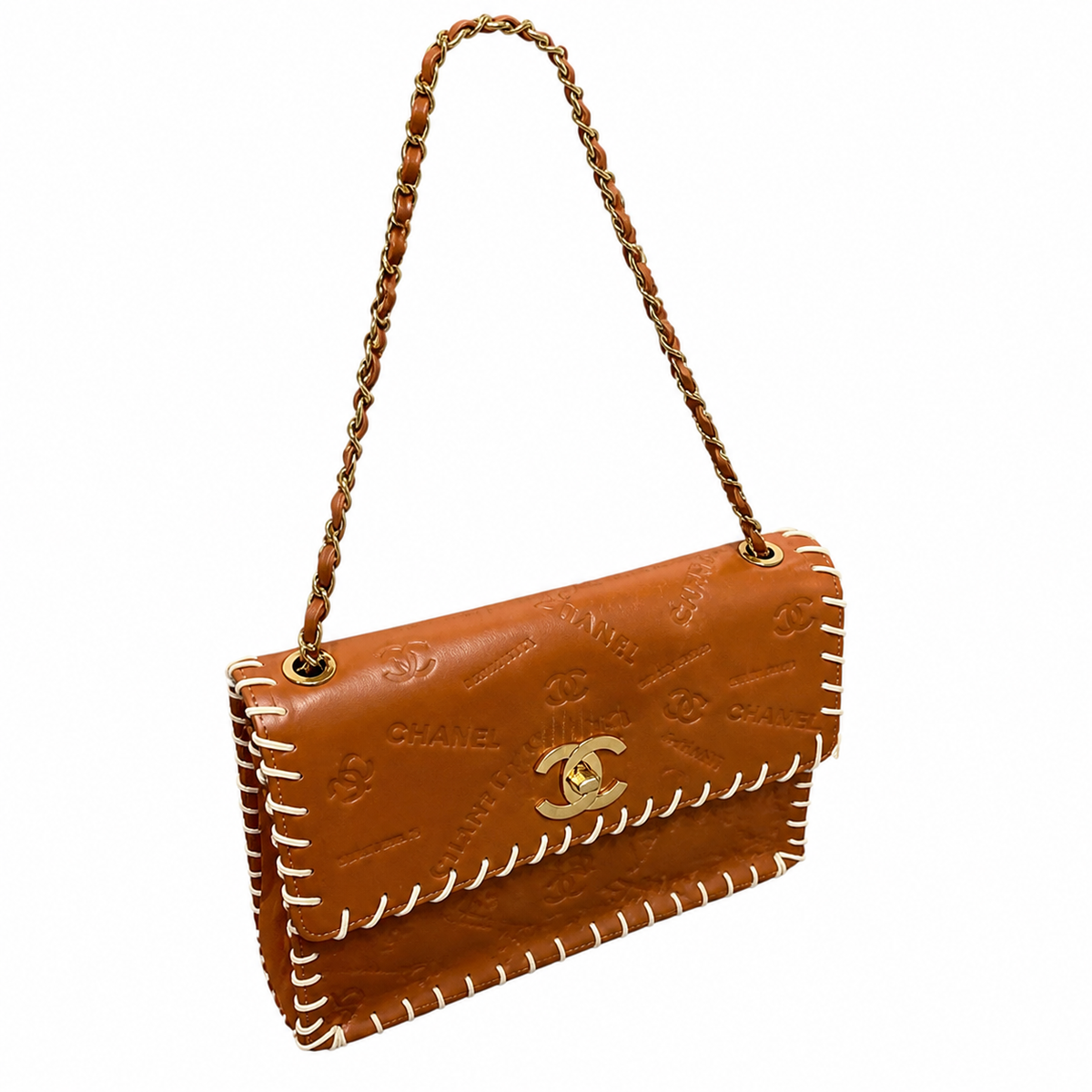 Chanel CC Monogram Embossed Tan Leather Flap Bag Whipstitch