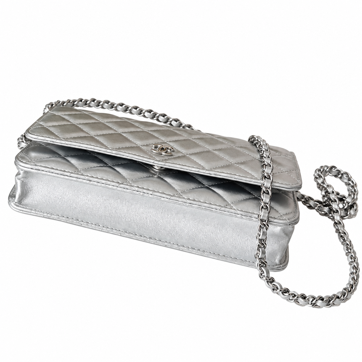 Chanel Classic WOC Silver Metallic Quilted Chain Bag