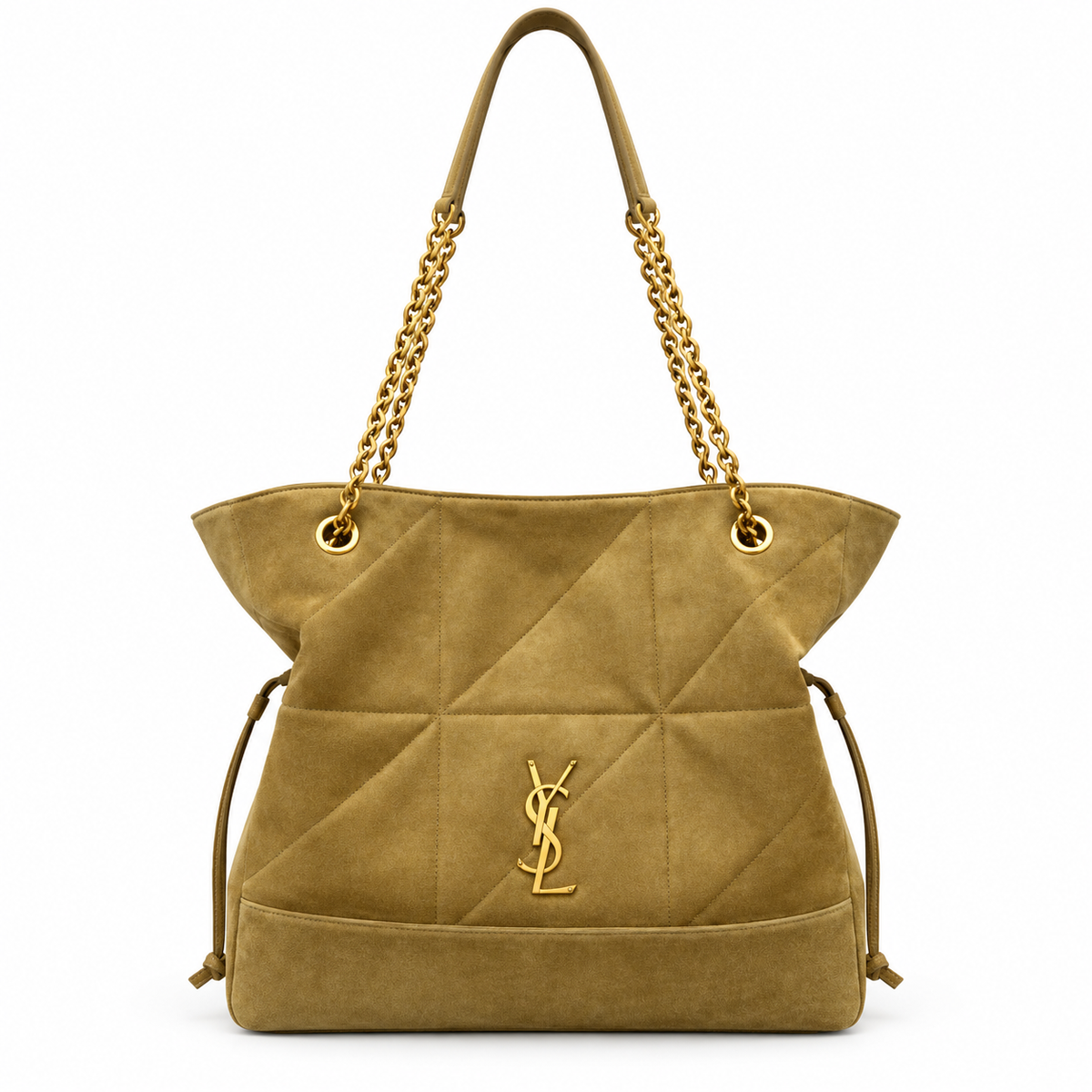 YSL Saint Laurent Bougeoir Drawstring Tote Sand Quilted Suede Gold YSL Monogram Double Chain Straps Side Drawstring