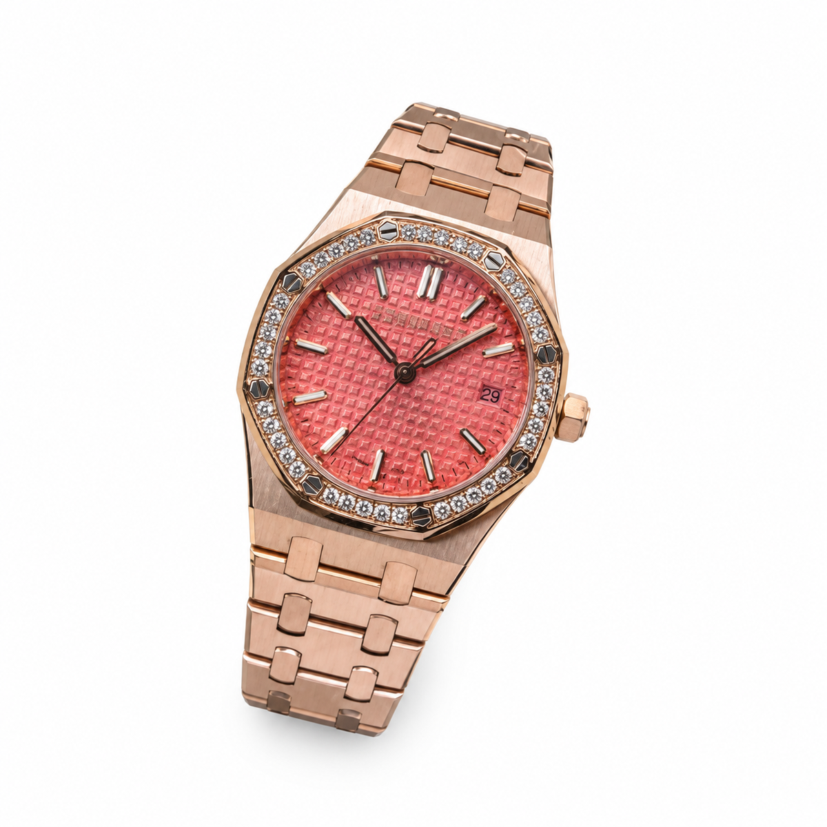 Audemars Piguet Royal Oak Automatic Rose Gold Diamond Bezel Coral Pink