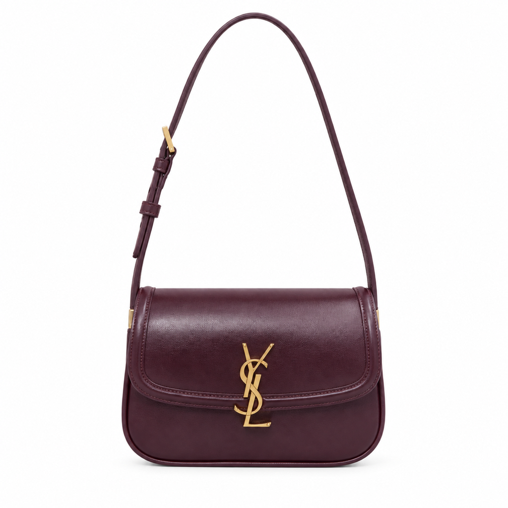 Saint Laurent YSL Solferino structured flap shoulder bag in burgundy smooth calfskin leather with oversized gold YSL monogram and adjustable strap