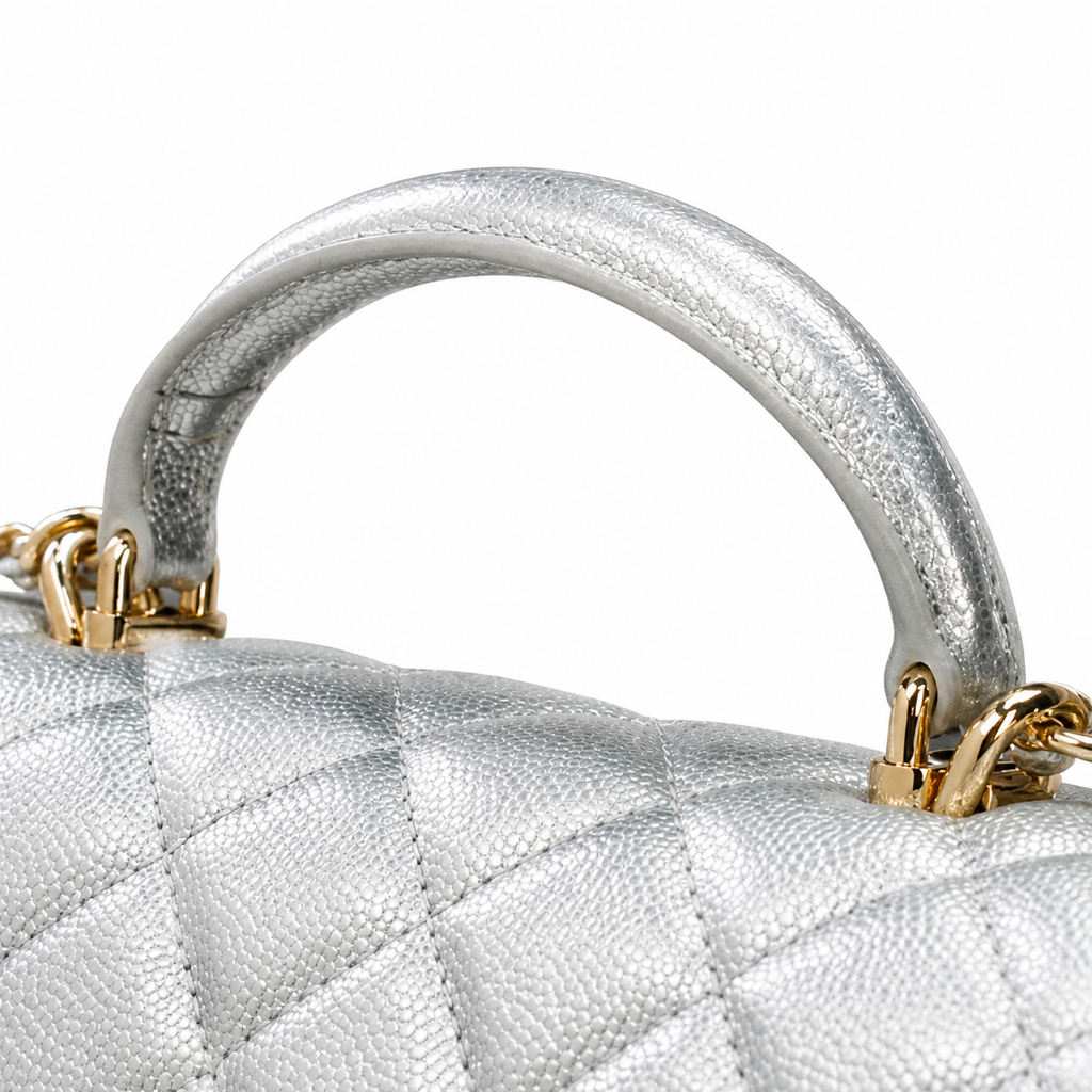 Chanel Mirror Silver Quilted Classic Flap | Top Handle & Back Exterior Pocket — 25cm