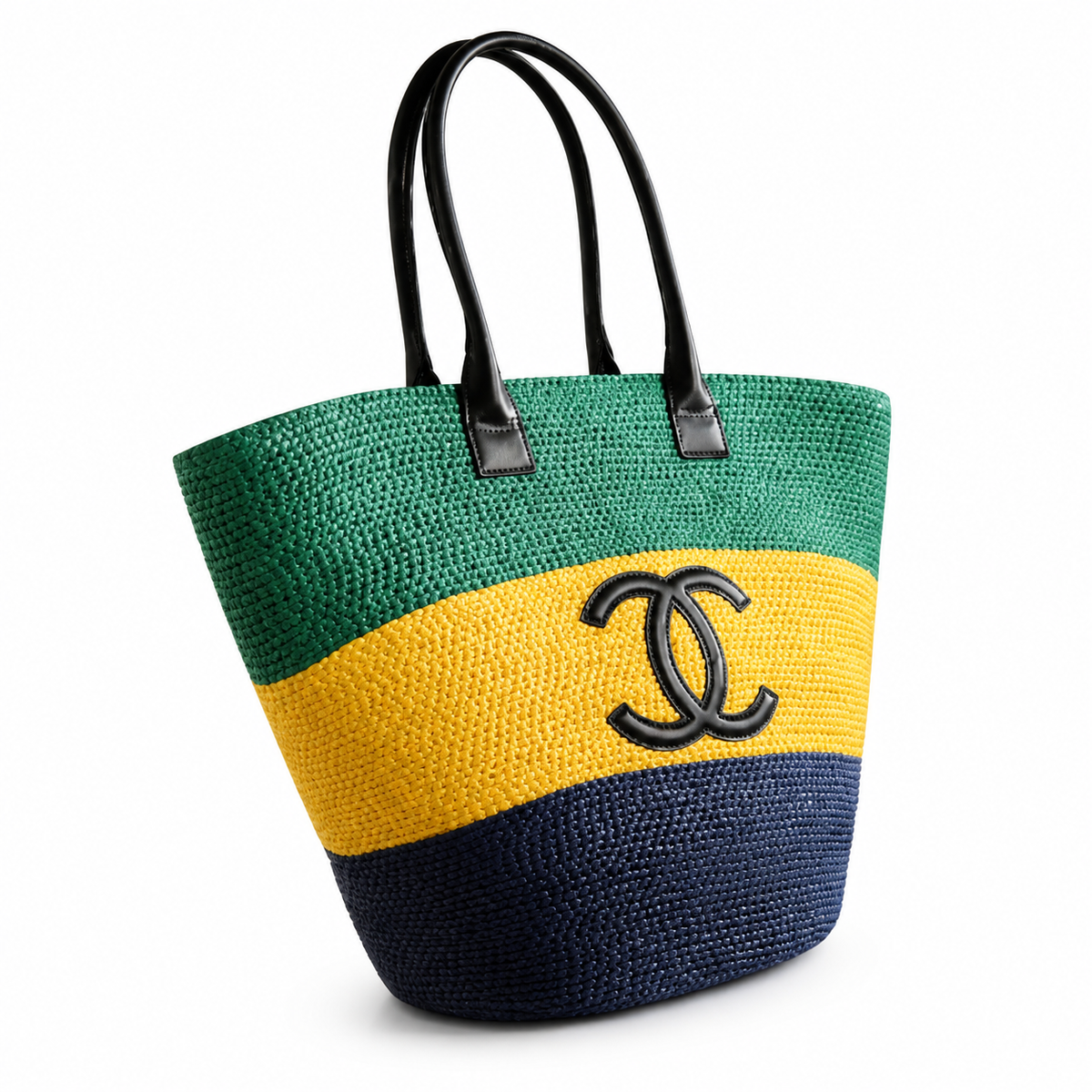 Chanel Striped Raffia Beach Tote Green Yellow Navy CC