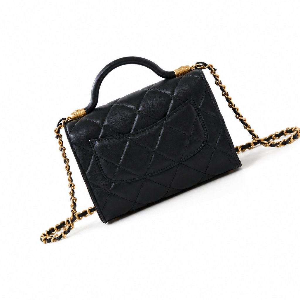 Chanel Caviar Top Handle Mini Flap Bag | CC Turn-Lock Gold Chain Black — 13x18cm