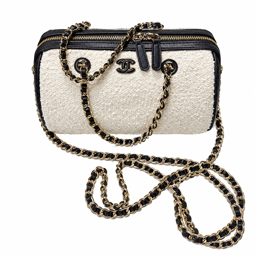 Chanel Tweed Camera Bag White Black Silver CC 18.5cm
