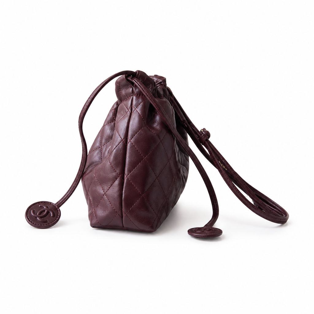 Chanel Quilted Calfskin Drawstring Bucket Bag Burgundy Gold Hardware