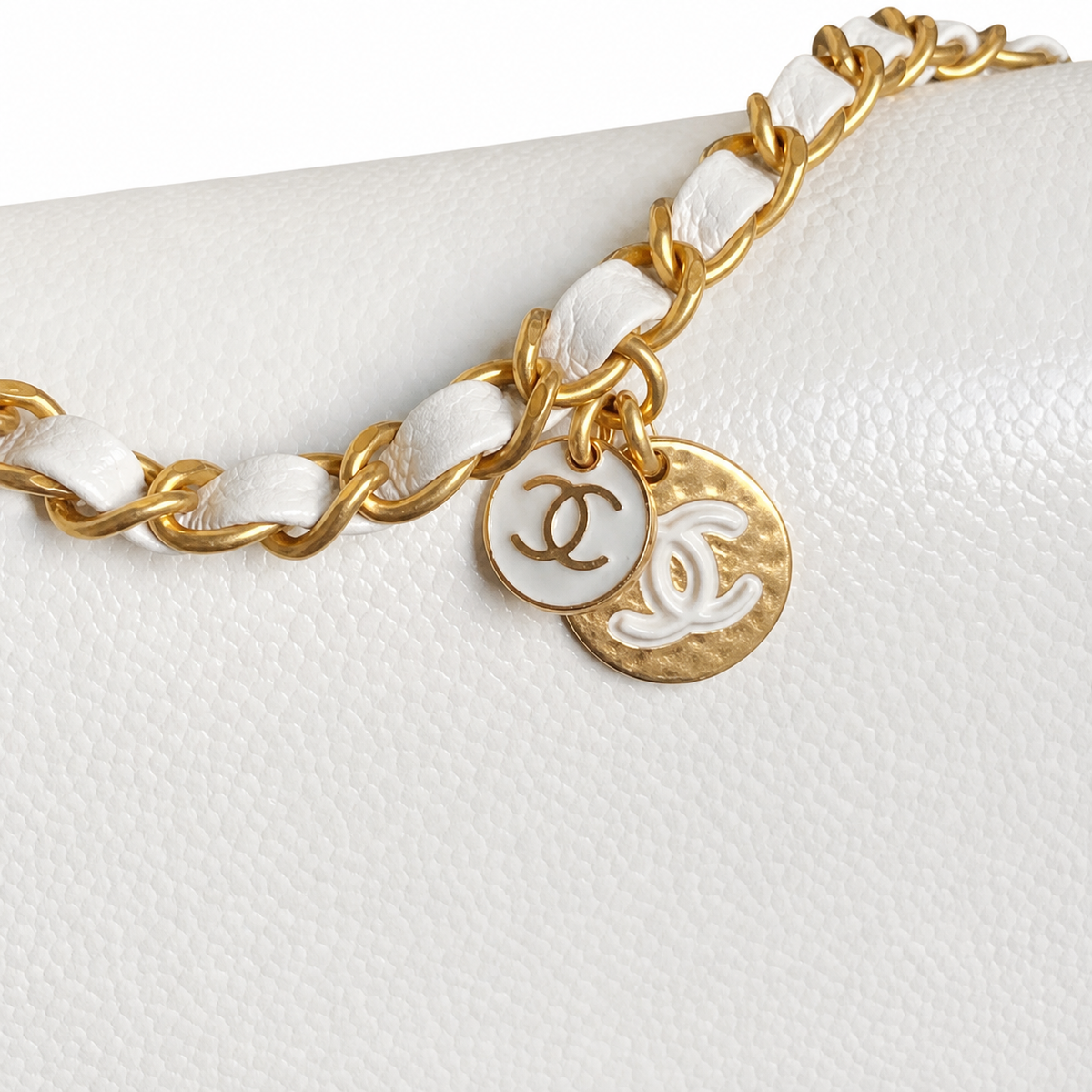 Chanel White Caviar Classic Flap Bag CC Charm