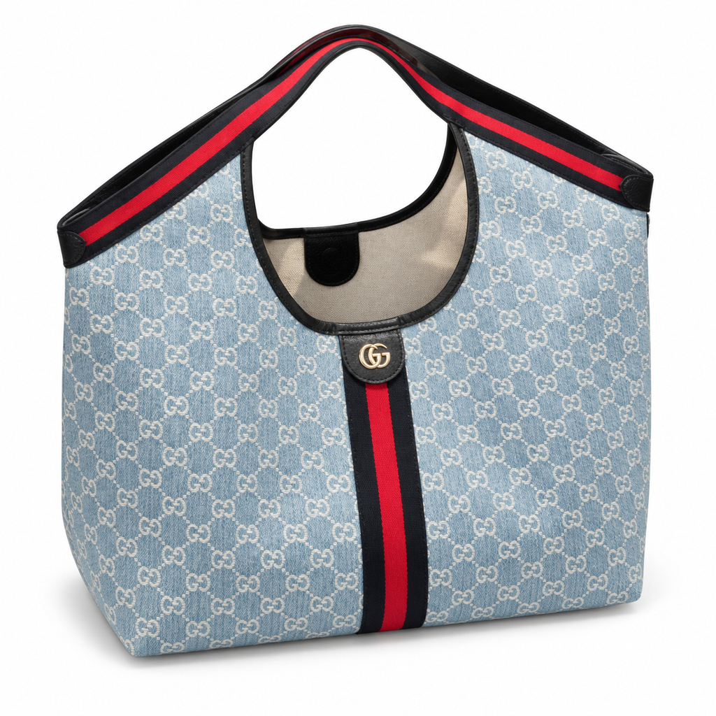 Gucci GG Denim Web Stripe Round Handle Tote