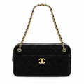 Chanel Black Suede Quilted Camera Bag | CC Turn-Lock Front Pocket, Top Zip & Gold Chain