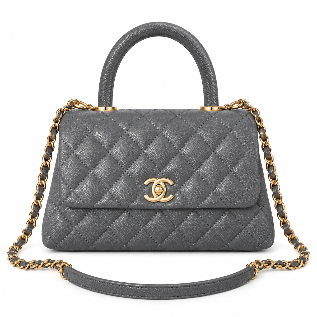Chanel Coco Handle Quilted Caviar Top Handle Bag Grey 23cm