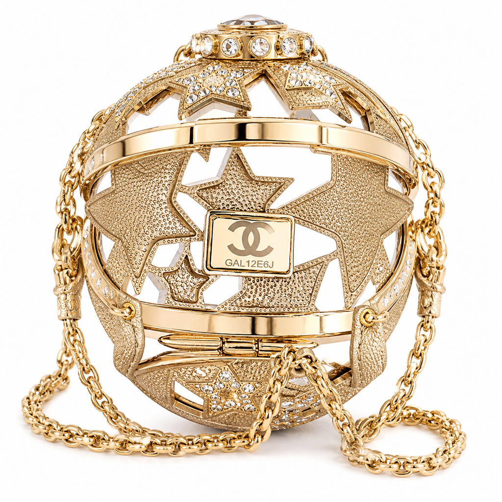 Chanel CC Crystal Star Globe Minaudiere | Gold Filigree & Chain — 13cm