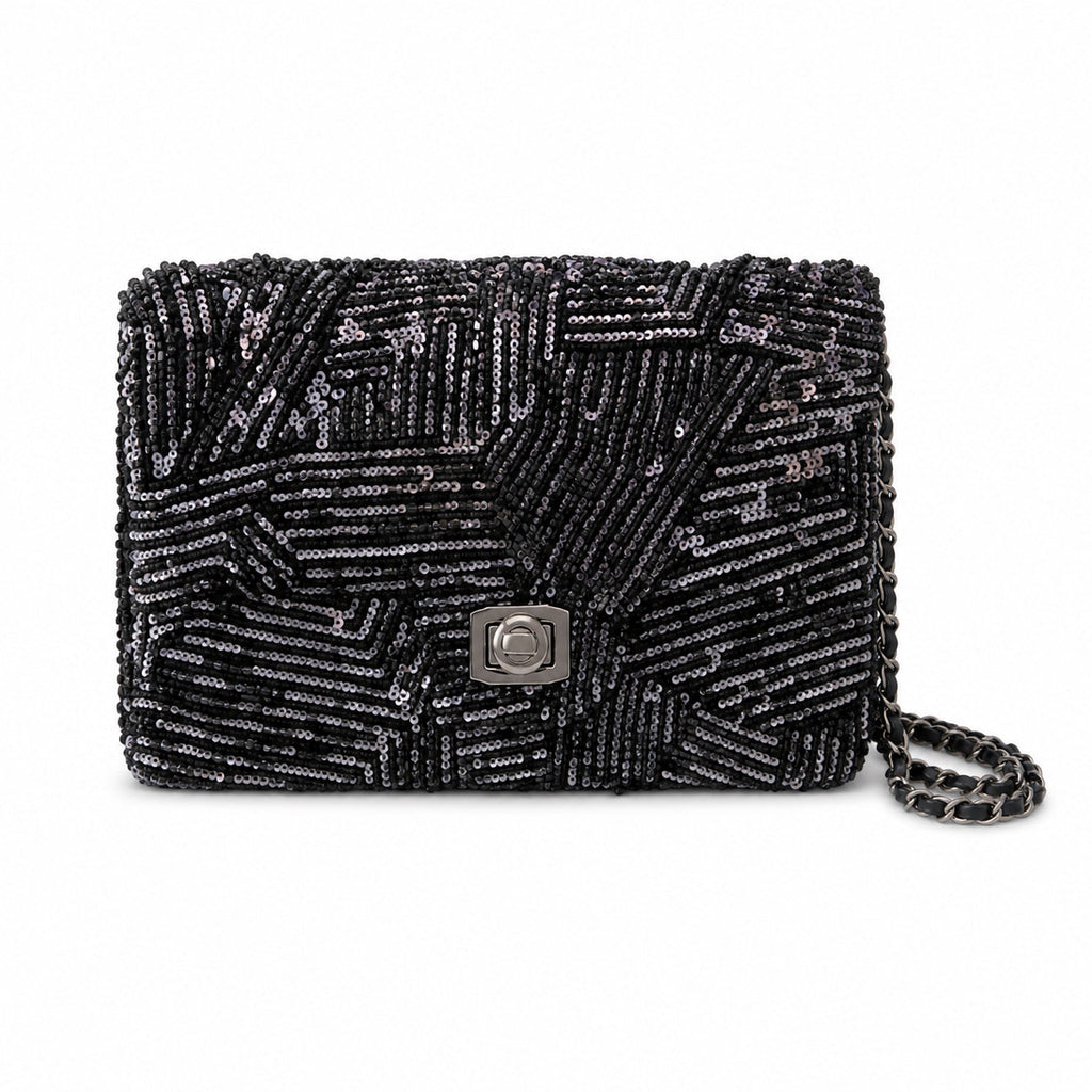 Chanel Small Flap Bag Black Micro-Bead & Sequin Hand-Embroidered Chevron | Ruthenium Chain — 20cm