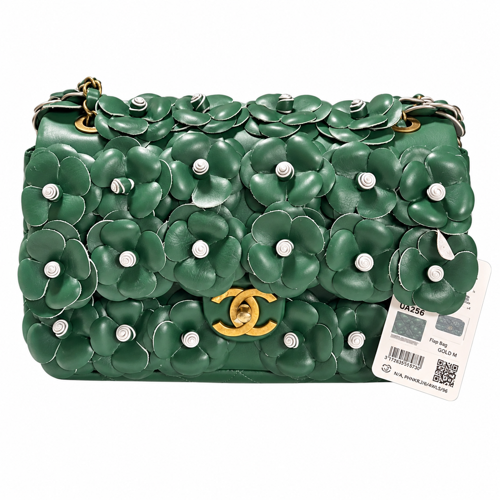 Chanel Camellia Flap Bag Green Lambskin Antique Gold 25cm