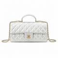 Chanel Classic Flap Top Handle Silver Quilted Gold Hardware