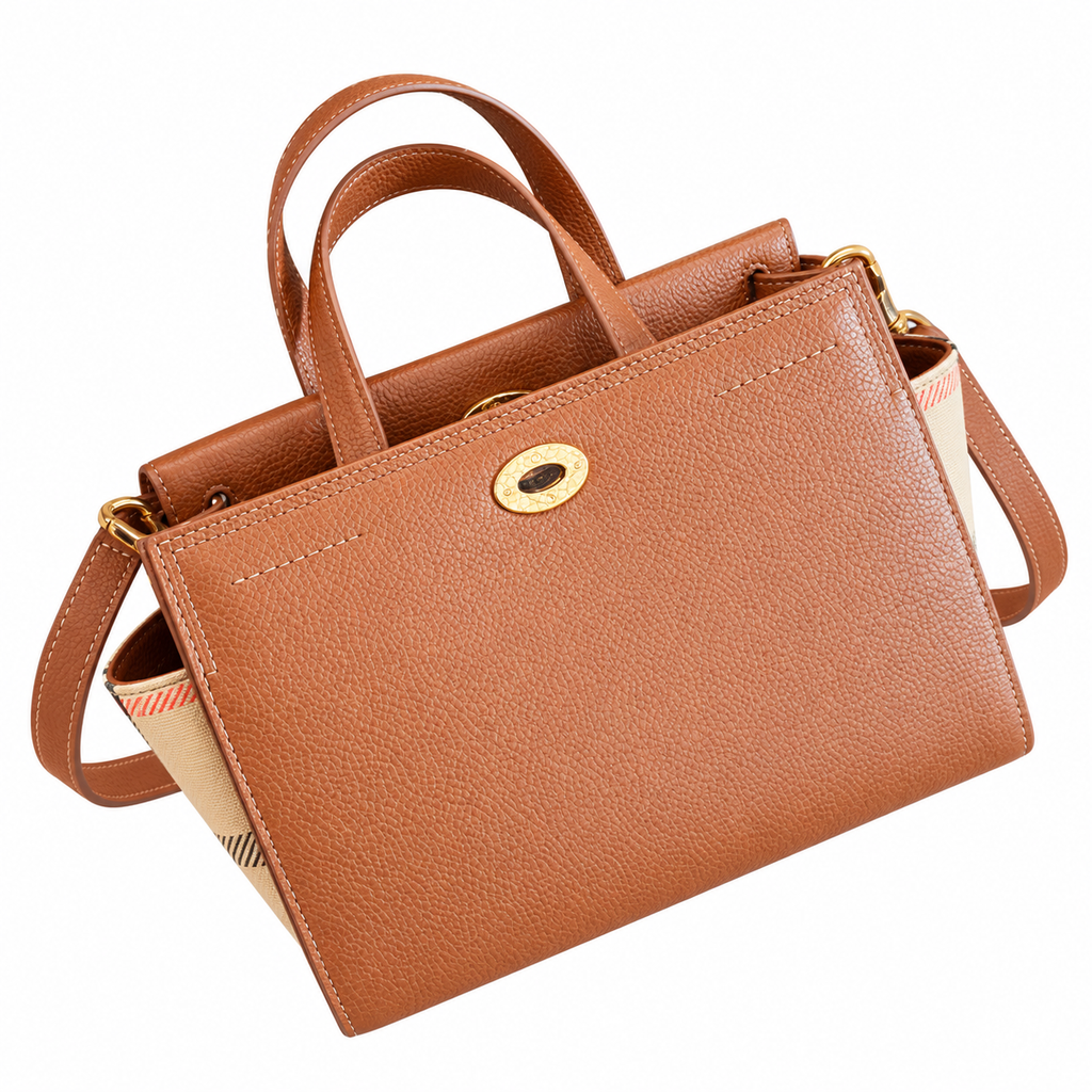 Burberry Cognac Check-Panel Top Handle Bag