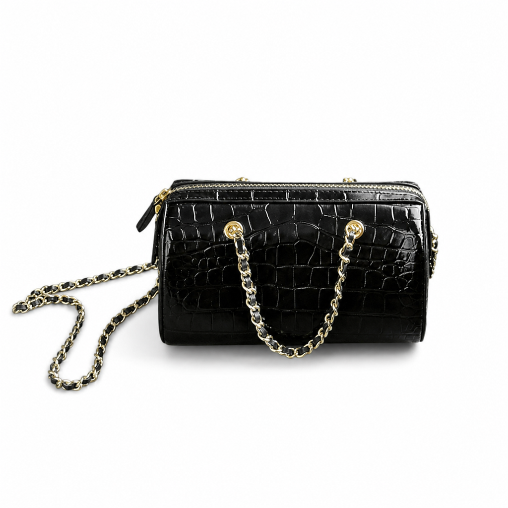 Chanel Deauville Croc-Embossed Black Zip Chain Bag