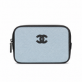 Chanel Powder Blue Canvas Camera Bag | Black CC Appliqué, Black Leather Trim & Double Zip