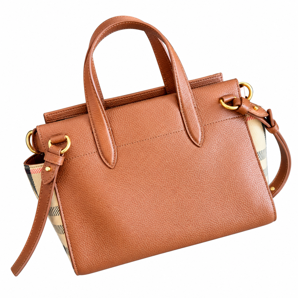Burberry Cognac Check-Panel Top Handle Bag