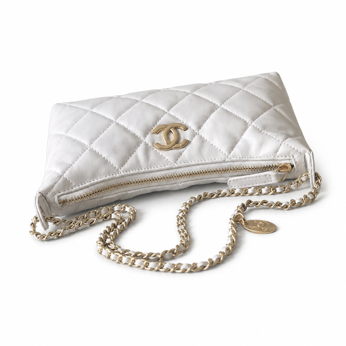 Chanel White Lambskin CC Hobo Bag Quilted Chain