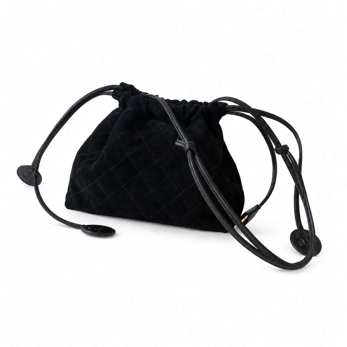 Chanel Quilted Suede Drawstring Bucket Bag Black Gold Hardware