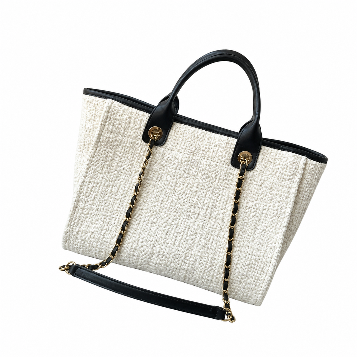 Chanel Deauville Medium Tweed Tote Ivory Black Gold Hardware