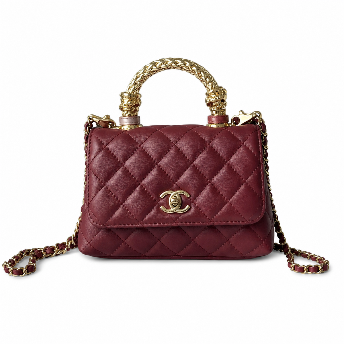 Chanel Burgundy Quilted Lambskin Mini Flap Charm Top Handle Antique Gold