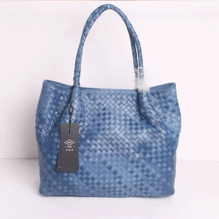 YGY Steel Blue Woven Leather Large Tote with Braided Handles