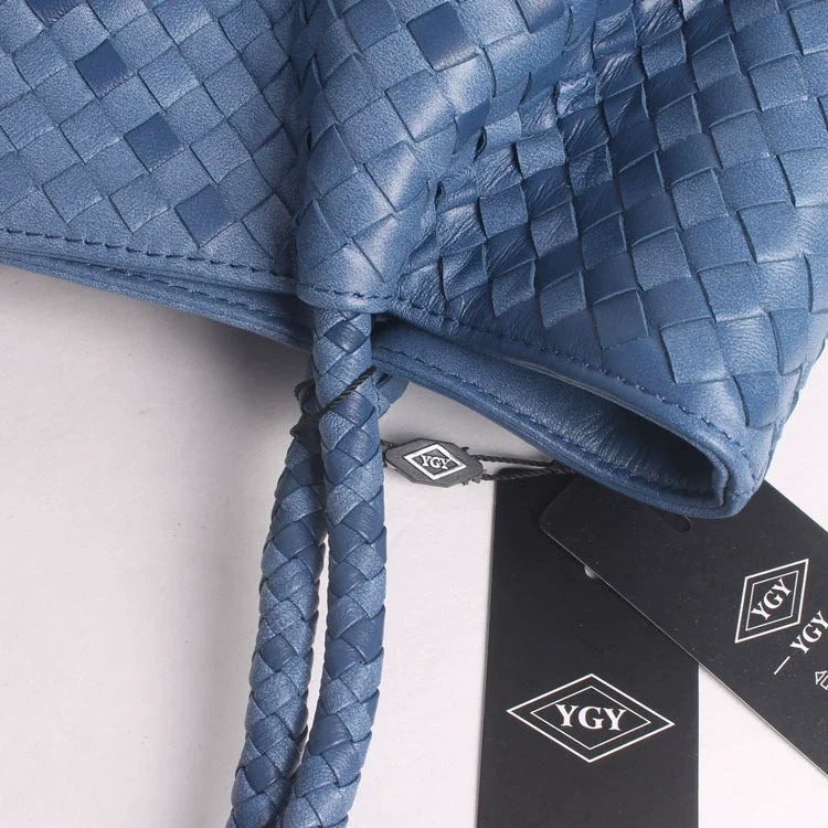 YGY Steel Blue Woven Leather Large Tote with Braided Handles