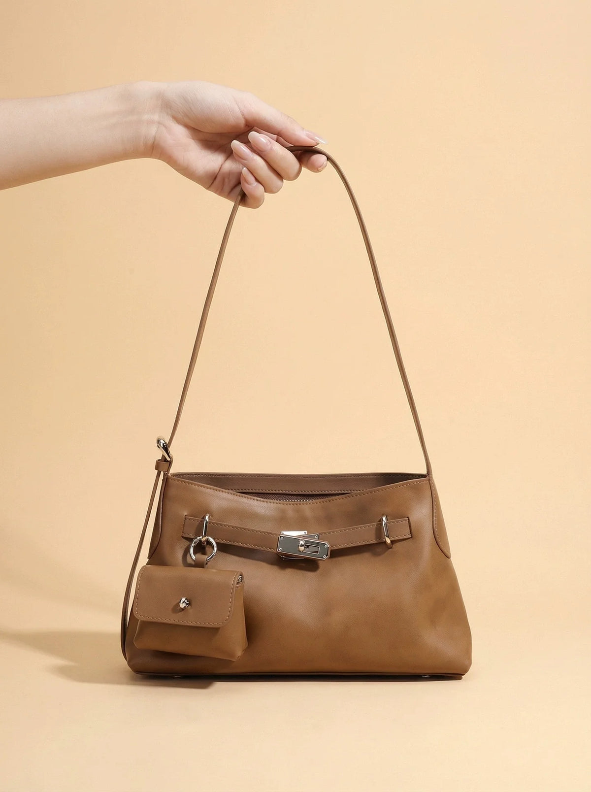 Tan Antiqued Leather Shoulder Bag with Pivot Lock and Mini Coin Pouch