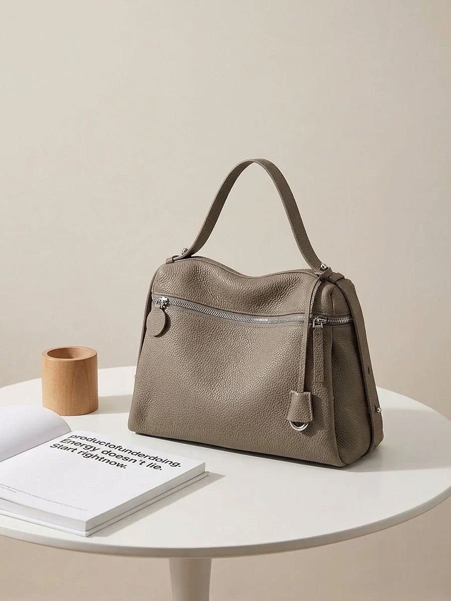 Etoupe Pebbled Leather Demi-Lune Shoulder Bag with Front Zip Pocket