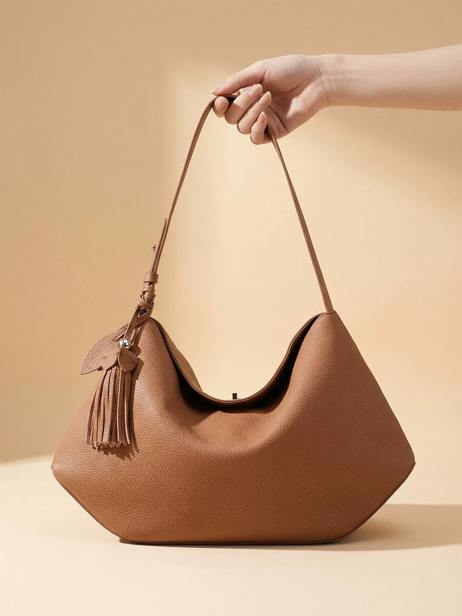Cognac Pebbled Leather Geometric Hobo Shoulder Bag with Tassel Charm