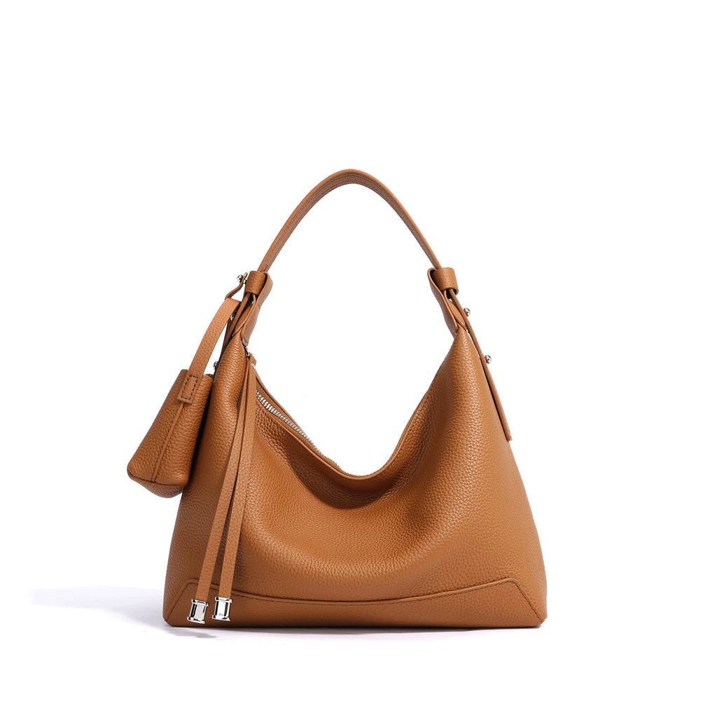 Tan Pebbled Leather Large Hobo with Zip Closure and Tassel Pull