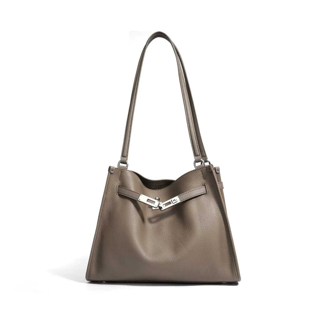 Etoupe Pebbled Leather Hobo Shoulder Bag with Front Push-Lock